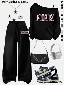 A women's off-shoulder pink graphic pattern top and wide-leg casual pants, a loose-fitting oversized casual long-sleeved top with a letter print paired with loose-fitting adjustable drawstring pants, Lightweight, soft, versatile