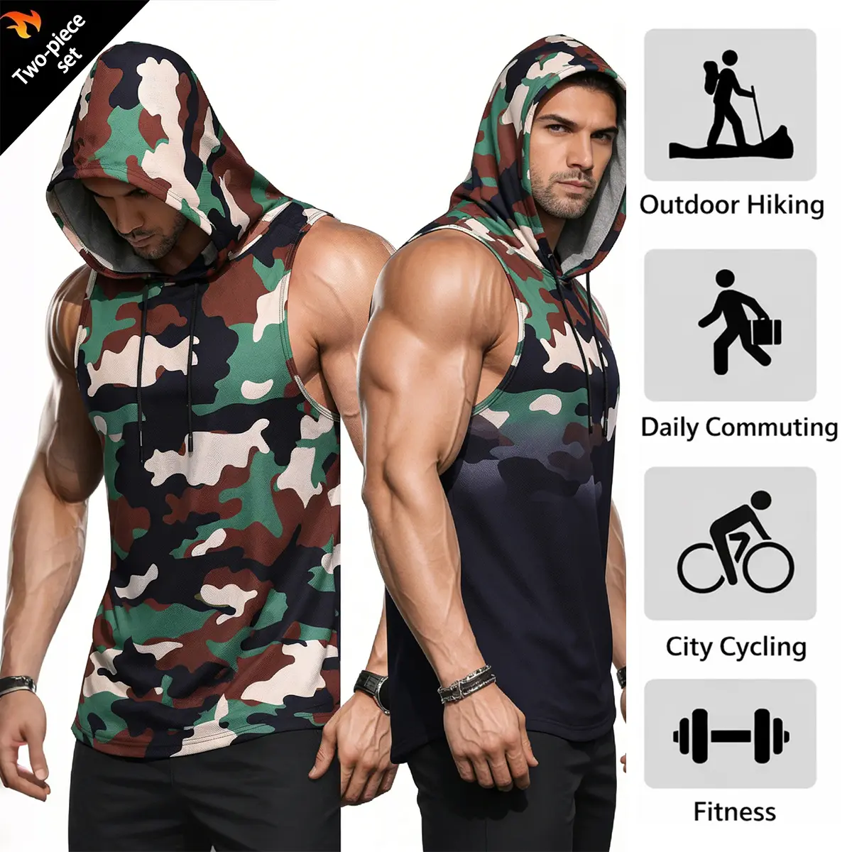 Men's 2-Piece Athleisure Breathable Clothes Set - Sleeveless Zip-Up Hoodie, Camouflage Mesh Athletic Top, Breathable Vest, Fitness Outfit for Gym Training