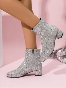 Women's New Mid Heel Booties with Rhinestones, Sparkling Design, Comfortable Fit, Versatile Style for Daily Wear and Parties