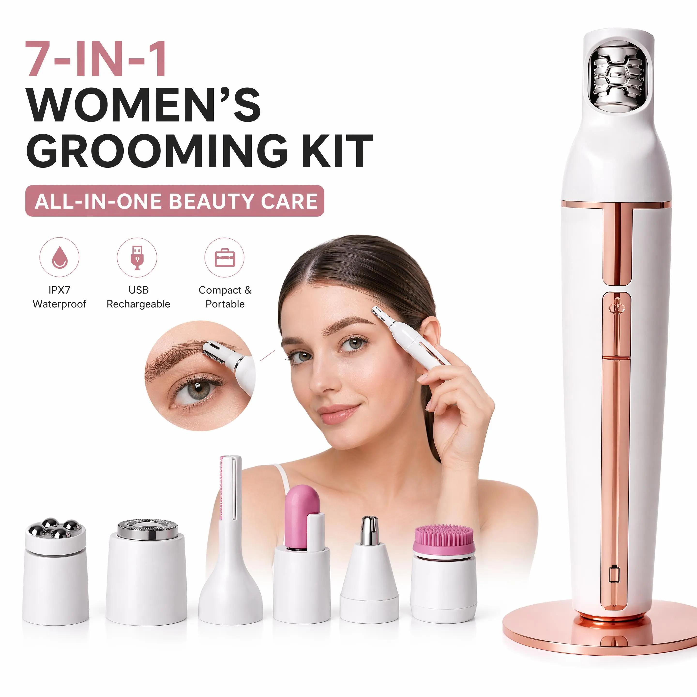 Base & Bloom 7-in-1 Hair Remover & Facial Care Kit - Painless Eyebrow Trimmer, Face Cleansing Brush & Massager, Dermaplaning Wand for Women