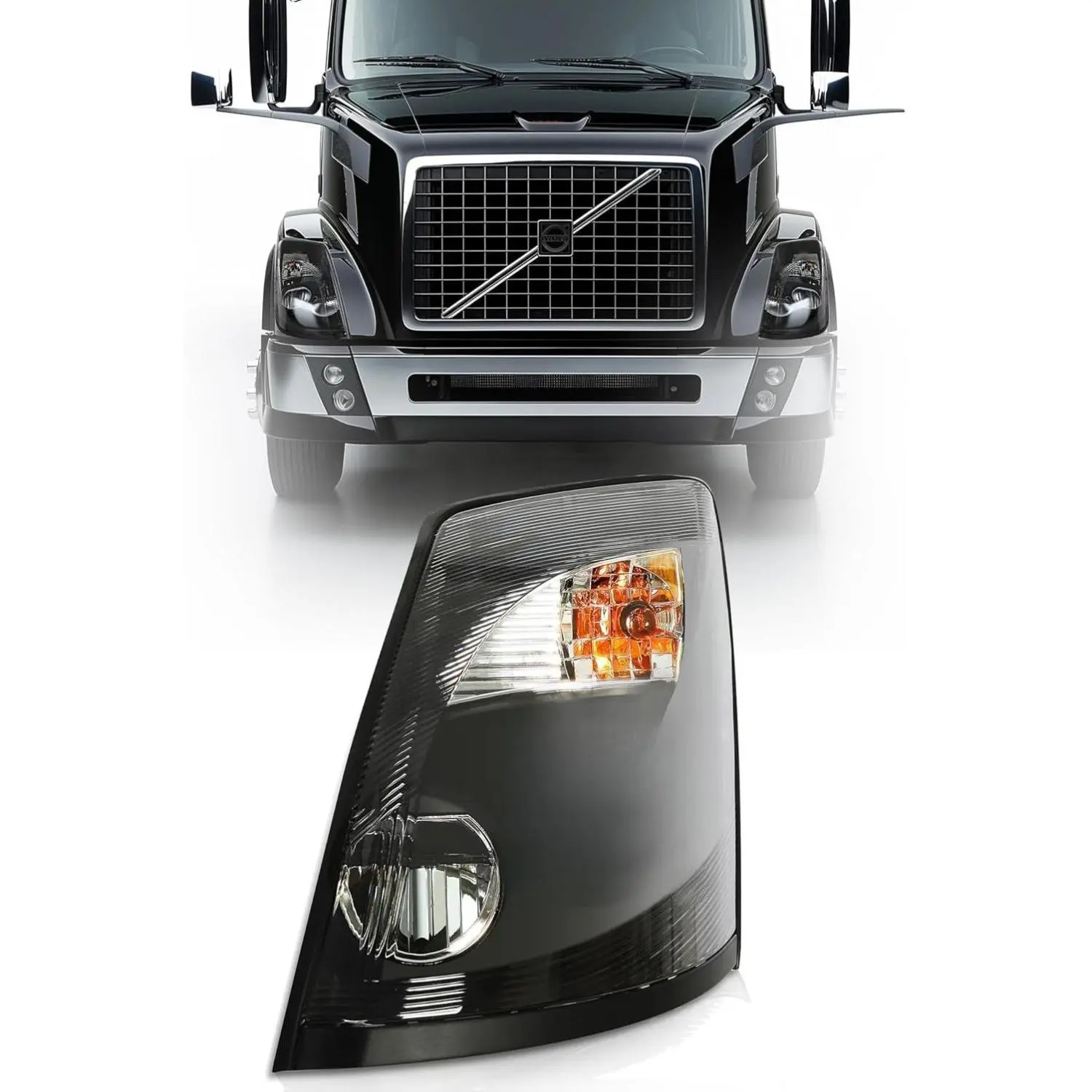 KUAFU LED Headlight - Driver Side Left, 25W Luminous LED Lights, Black Housing Lens, Bulb & Harness, Replacement for 2004-2018 Volvo VNL VNX VNM (82329590, 82329124, 22141241)
