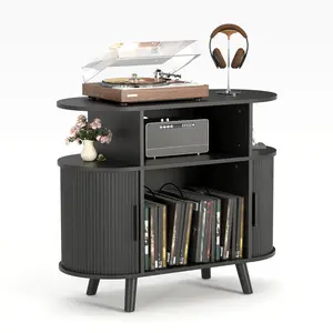 Garvee Mid-Century Modern Fluted Record Player Stand – Large Turntable Cabinet with Vinyl Storage for 300 Albums – Charging Station & Display Shelf – Arched Wood Design – Perfect for Living Room & Music Room