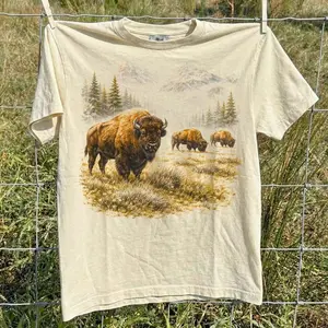 Retro Bison Herd Wilderness T-Shirt - Vintage 90s Buffalo Mountain Scene Tee - Yellowstone National Park Gift