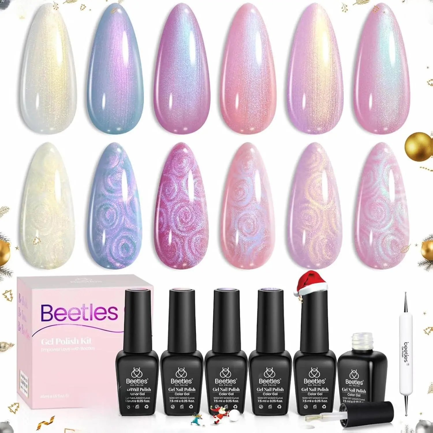 [Beetles] 6 Colors HEMA FREE Gel Nail Polish Set - 7.5-15ml Mermaid Shimmer Pearl & Swirl Thread Shell Soak Off UV LED Gel Kit with Base & Top Coat | Summer Pretty Box Kit Gift for Women