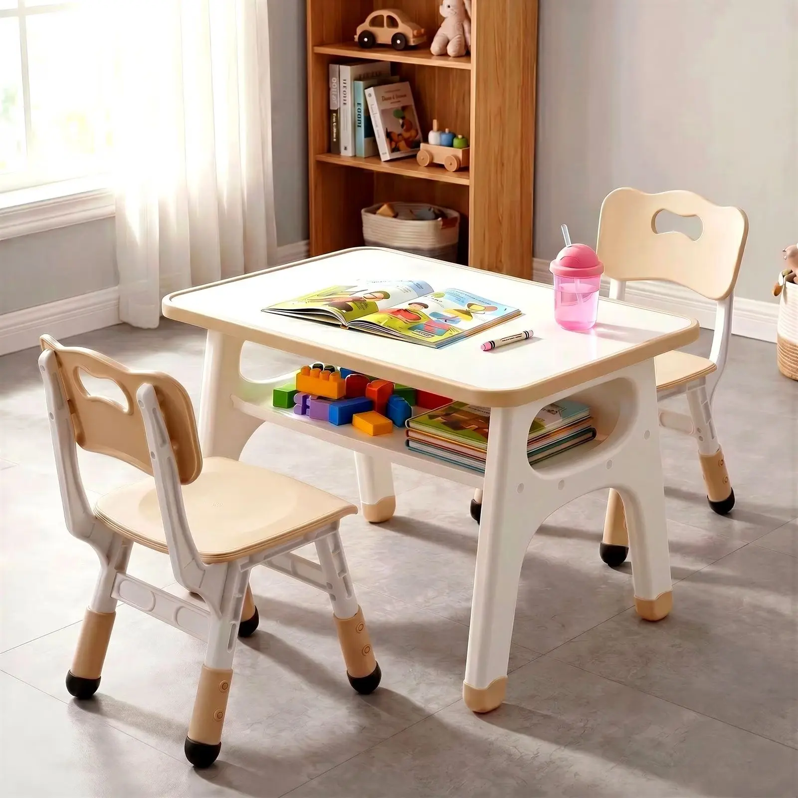 【Back To School】MAMIZO Kids craft Table and 2 Chairs Set, Toddler Activity Table with Large Storage, Graffiti Desktop, Adjustable Height Chair w/Anti-Slip Foot Covers for Reading Drawing Snack mesa infantil montessori Furniture Home Nursery Study Interior
