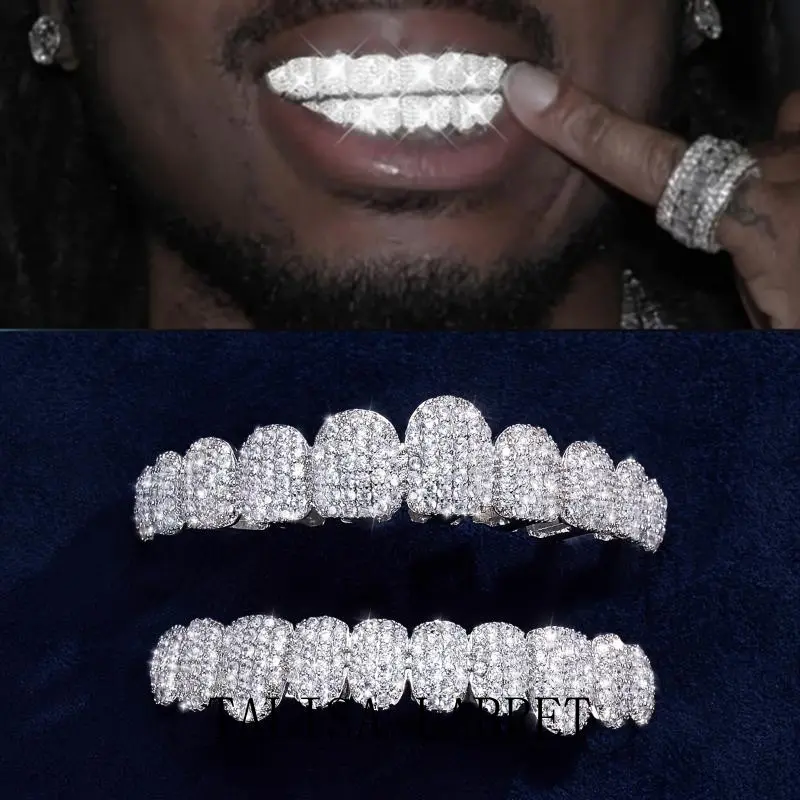 2count Hip Hop Cubic Zirconia Teeth Grill, Set Up Sparkling Punk Teeth Caps for Rappernd Role Playe, Top and Bottom Kits, Fashionable custom  grillz grills Retainer Braces Stainless Wire BraceTALISA