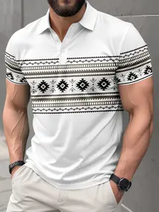 Men's Aztec Tribal Print Polo Shirt, Trendy Casual Short Sleeve Breathable Golf Shirt, Lightweight Ethnic Street Style Daily Wear Top