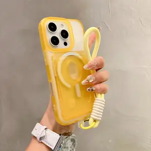 Luxury Matte Magnetic Card Holder Phone Case with Wrist Strap, Anti-Drop Skin Feel, Compatible with Apple iPhone 17pro Max 16pro 15 14 13 12