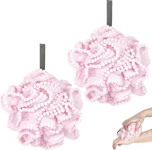Pink Loofah, Shower Bath Spong, Soft Shower Loofahs Balls, Globose lace Shower Ball, for Body Wash Scrubber Cleaning Loofah Bathroom Accessories (2Pcs Pink)