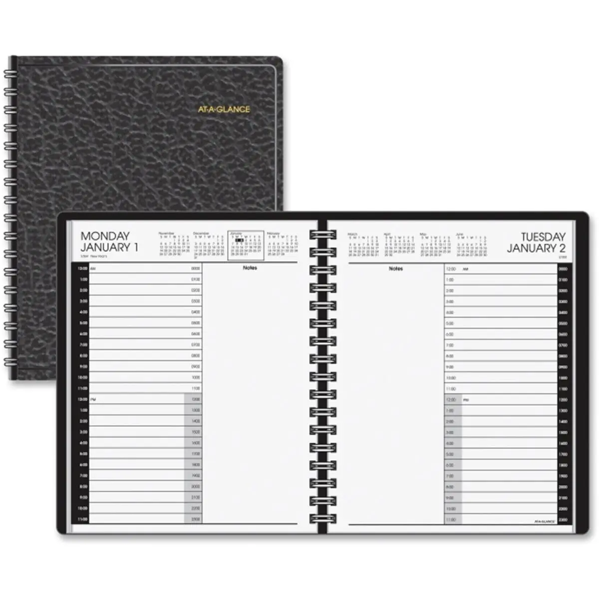 212 MAIN Daily Appointment Book Plannerbook - 24-Hour Hourly Grid Day Planner, 7x8.75 in Simulated Leather Cover, Black Office Stationery Supplies for Productivity