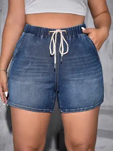 [Plus Size] Drawstring Waist Adjustable Basic Denim Shorts, Casual Pocket Shorts for Daily Wear Everyday, Women's Bottoms for All Seasons, Casual Fitted Shorts