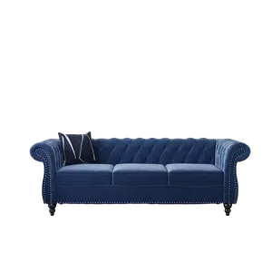 Giratree Furniture 84" Velvet 3-Seater Sofa | Tufted Back + Rolled Arms + Nailhead Trim | Chesterfield Couch for Living Room, Apartment, Lounge & Bedroom