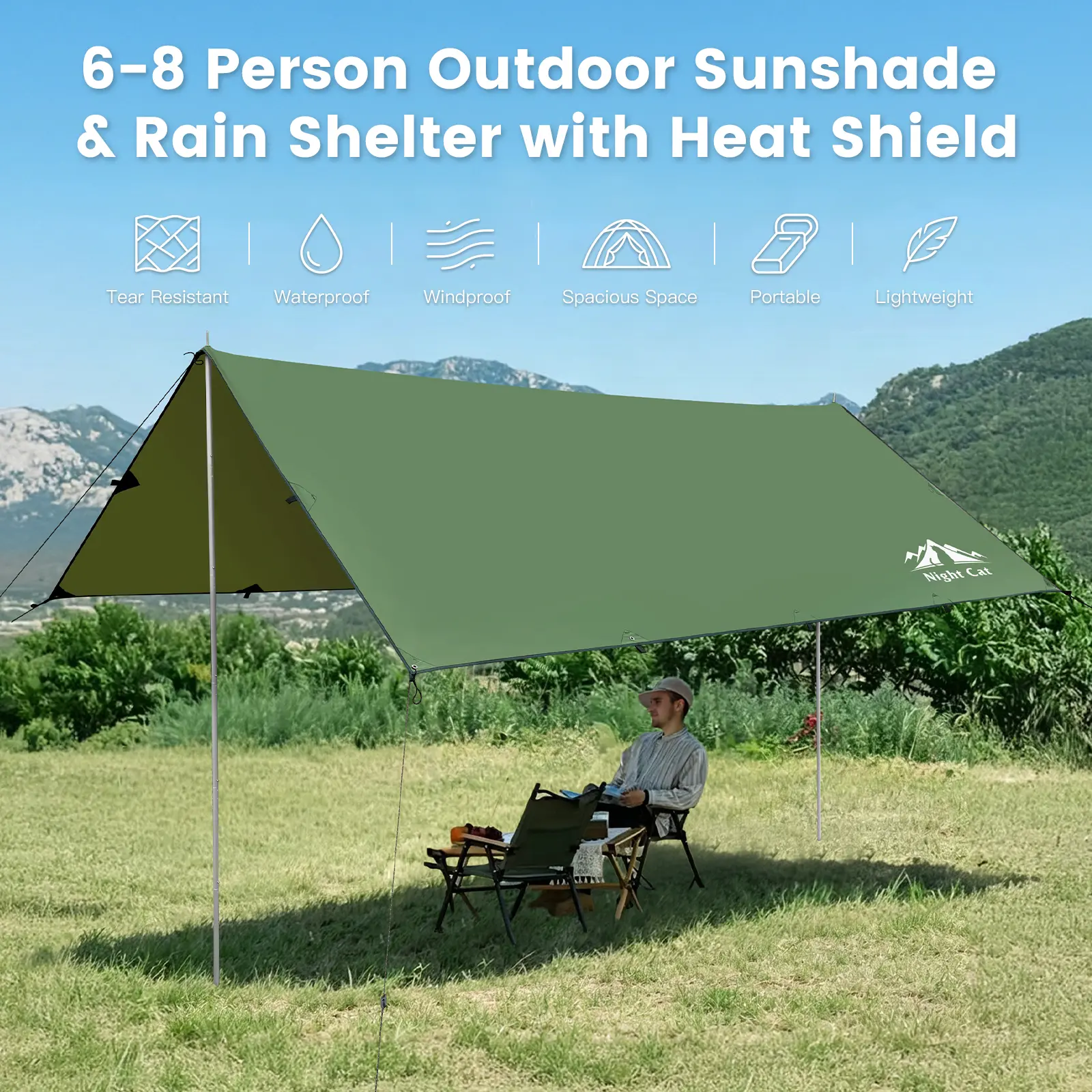 Night Cat Tent Tarp 12x10 ft, Waterproof PU Fabric Portable Canopy, UV Resistant and Spacious Shelter for Camping, Hammock Accessories, Portable Instant Canopy, Waterproof Canopy