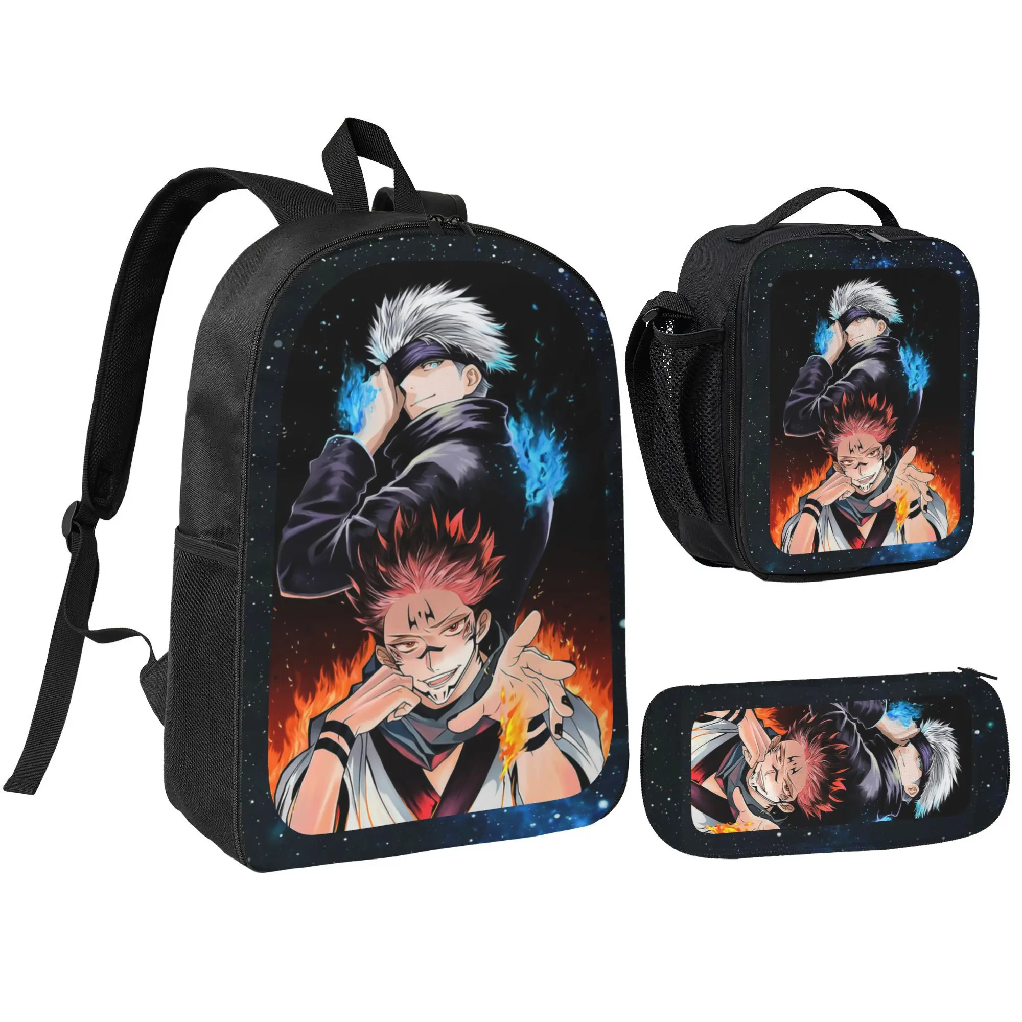Jujutsu Kaisen Gojo Satoru Anime Backpack Set, 3-Piece Polyester School Daypack for Teens, Lightweight Multi-Compartment Bag with Lunch Bag & Pencil Case, School Backpacks Custom Bag