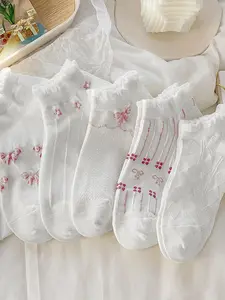 Women's 5 Pairs Moisture Wicking Floral Print Ankle Socks, Lady Cute Casual Fashion Socks, Soft Comfy Breathable Socks for Women, Socks Set, Breathable Fabric Socks, Casual Stylish Daily Socks, Elastic Socks, Red And White