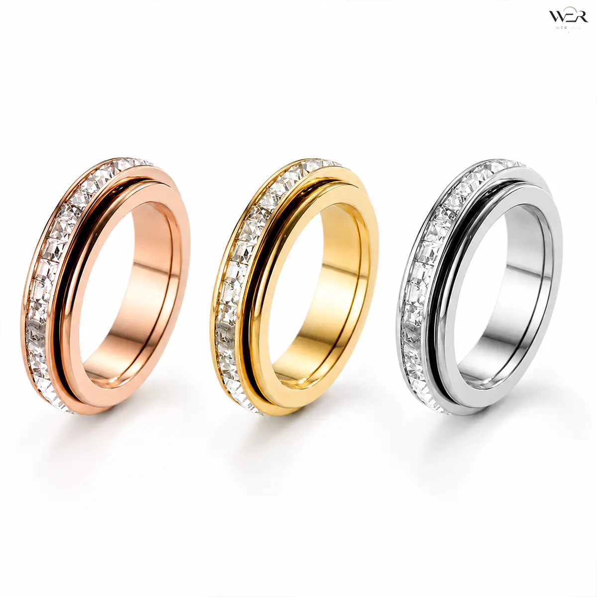 Elegant Crystal Spinner Ring for Women & Men, Metal Fidget Band for Stress Relief, Sparkling Rotating Costume Jewelry in Multiple Tones, Elegant Fashion Rings