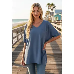 Zenana Woven Airflow V-Neck Dolman Short Sleeve Pocket Top, Fabric, Blouses, Minimalist, Basic