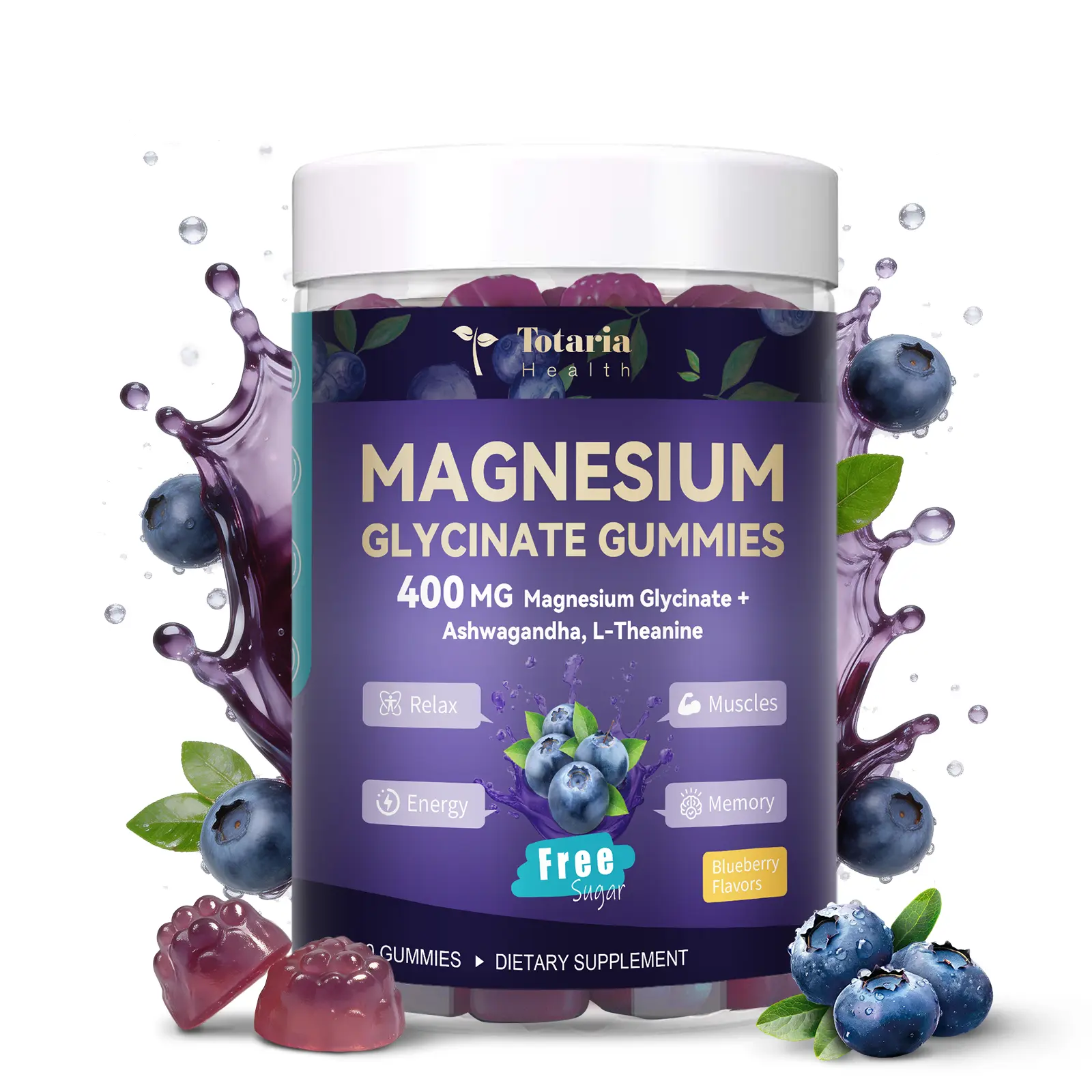 Totaria Calm Gummies - 400mg Magnesium Glycinate Dietary Supplement, Sugar-Free Vegan Blueberry Flavor, Ashwagandha & L-Theanine Self Care Products Stress Reliever, 60 Count