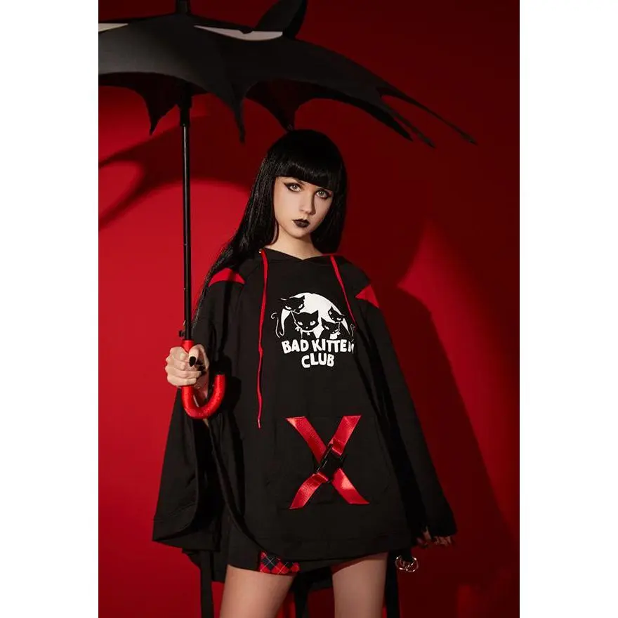 Emily the Strange x Micotaku Black Bad Kitten Club Print Hooded Halloween Cloak Costume