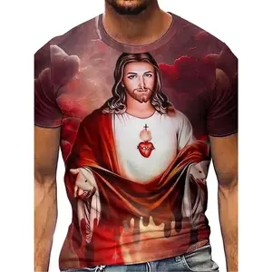 2025 Summer Casual Men's Jesus 3D Digital Print Top Cool Hip-Hop Style Fun Pattern Loose Plus Size Polyester Fabric Comfortable Breathable