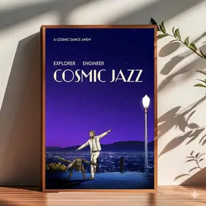 Retro Space Dance Poster, Cosmic Jazz Wall Art, Astronaut and Alien Friendship Print