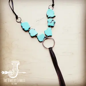 Blue Turquoise Slab Necklace with Long Leather Tassel 226G