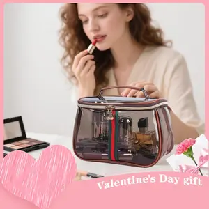 New Retro Vintage Vanity Bag, Large Capacity Makeup Organizer for Women, Waterproof Transparent Toiletry Bag, Portable Skincare Storage Case, Travel Cosmetic Bag for Ladies (Brown)