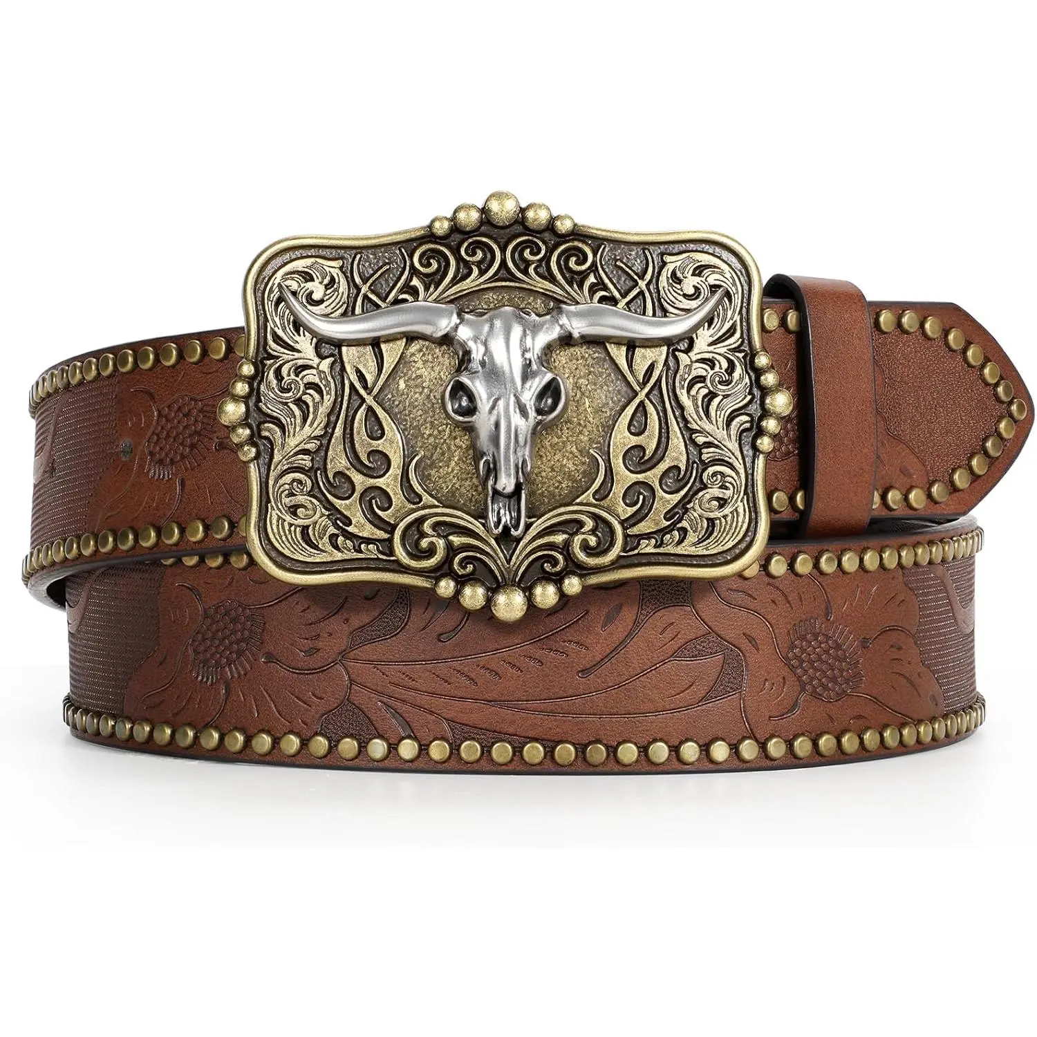 Western Belt for Men Women Cowboy Leather Belt Western Buckle Cowgirl Engraved Belt