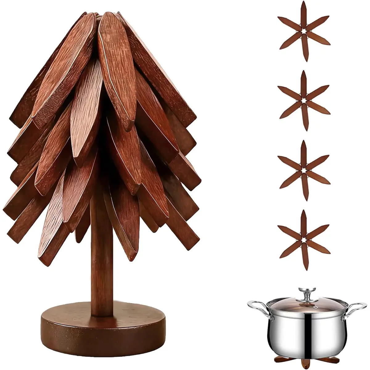Aesthetic Wooden Heat-Resistant Trivet Placemats & Coasters Set - 5 Trivets, 1 Stand, Foldable Durable Solid Wood Kitchenware, Multi-Functional Home Hot Dish Holders, Christmas Gift