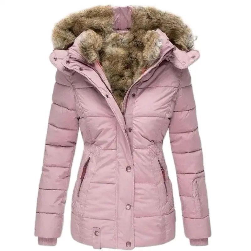 2025 Winter Warm Wool Collar Cotton Coat Women's Zipper Long Sleeve Slim Fit Hooded Cotton Coat