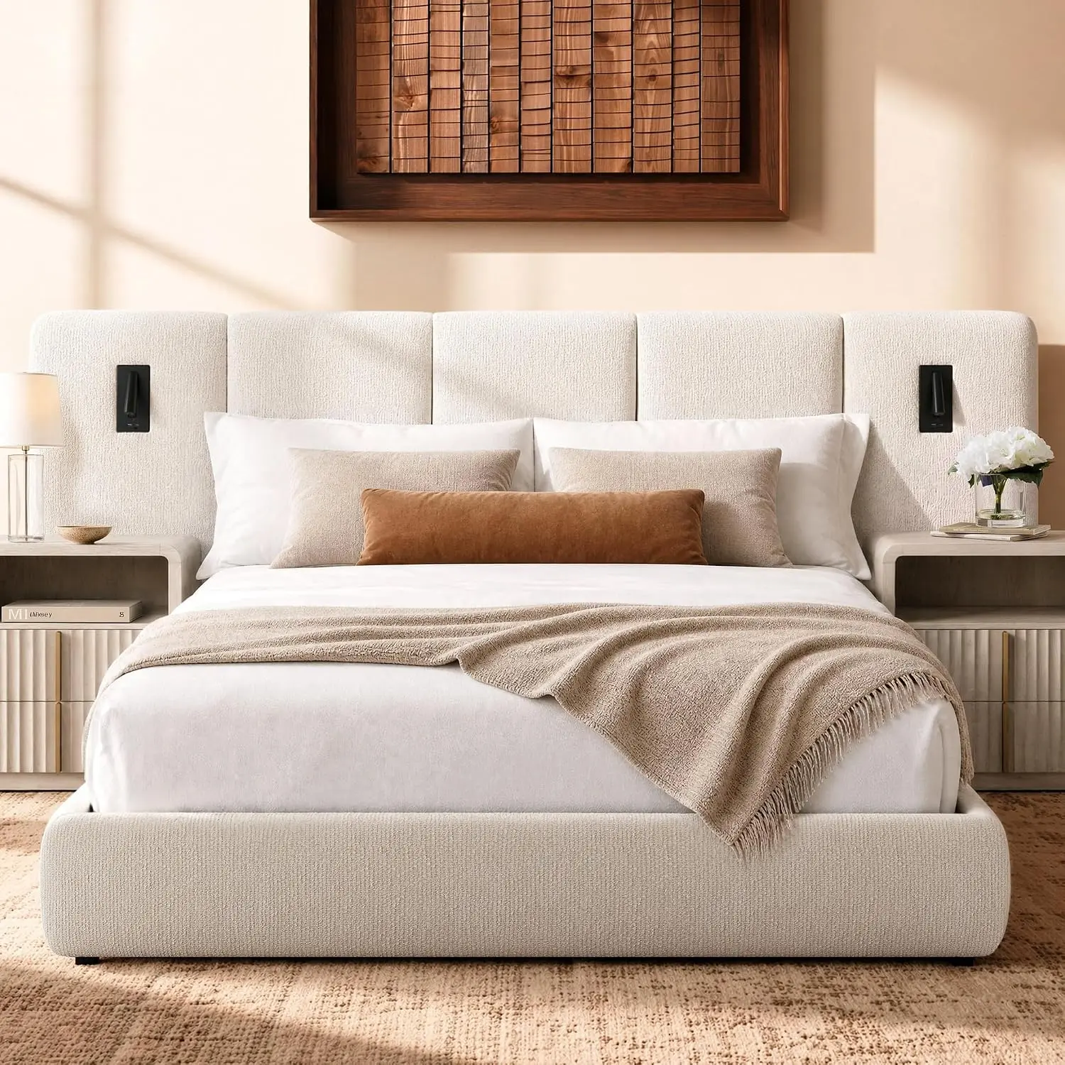 Queen Upholstered Platform Bed Frame - Beige Indoor Furniture with Extended Headboard, Dual LED Reading Lights, USB-Type-C Charging, Footboard Storage Drawer, 1000 lbs Support, Wood Slats, No Box Spring Needed, Led Lights, Queen Bed Frame