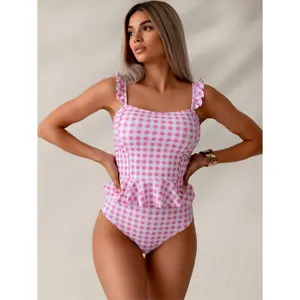 2026 Summer Pink Plaid Ruffle Hem Tankini - Cute Retro Bathing Suit Trendy Pink Gingham Ruffle Strap Tankini - Tummy Control Swimwear Floral High-Waisted Ruched Tankini swimsuit