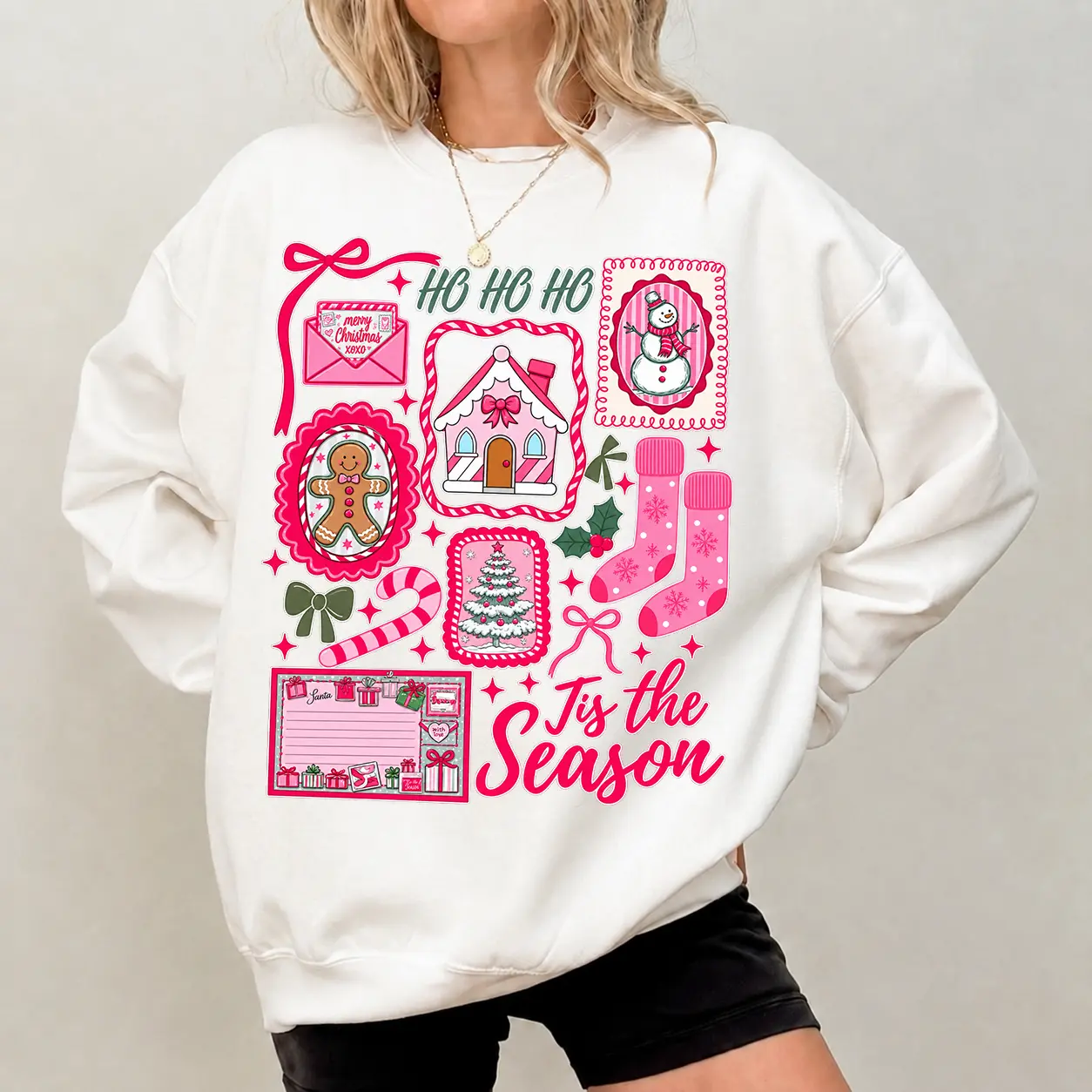 Pink Christmas Sweatshirt, Tis The Season Coquette Xmas Crewneck, Cute Girly Holiday Sweater, Christmas Sweatshirt,  Candy Cane Bow Santa Christmas Pullover for Women