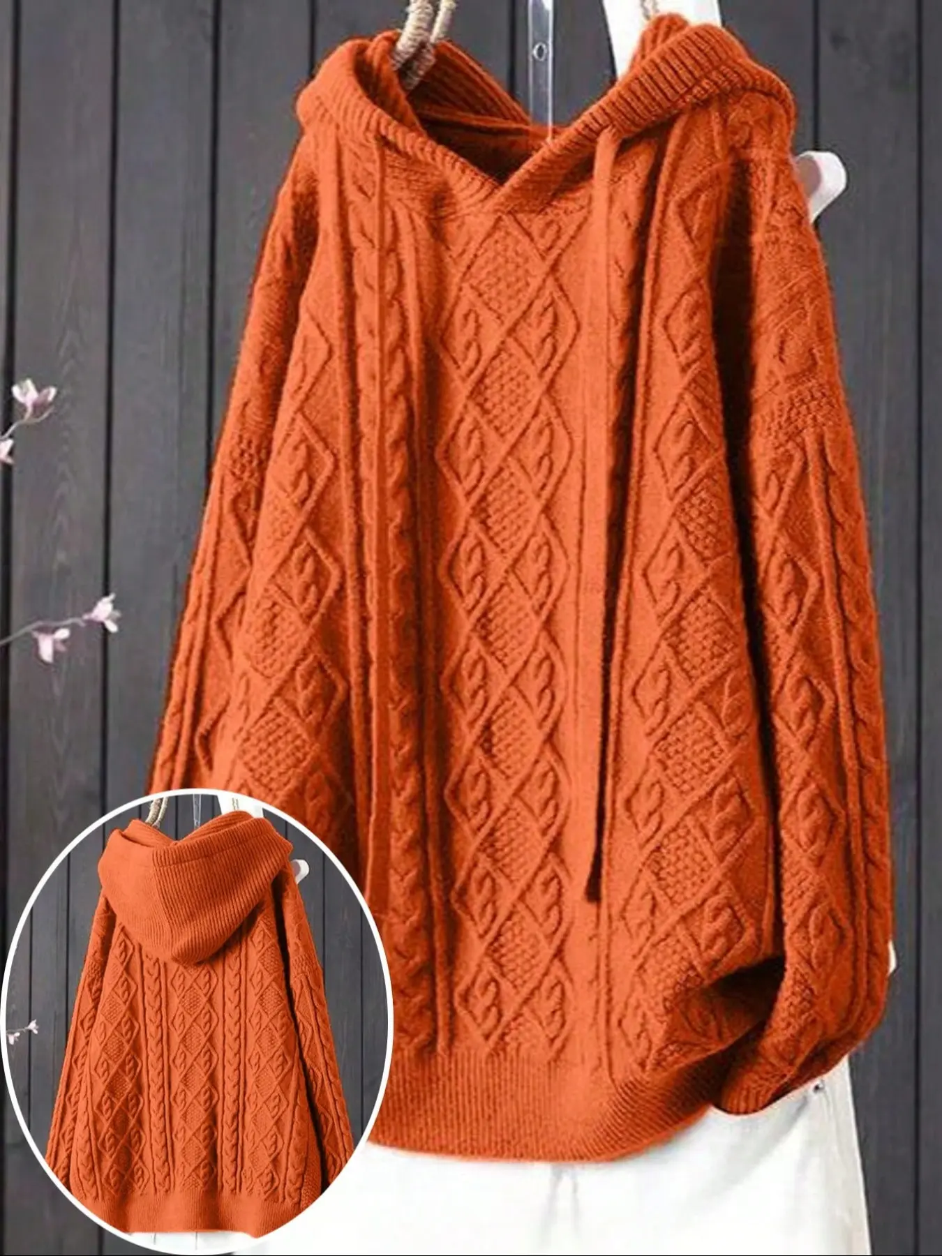 Women's Spring Fall Winter Plus Size Hooded Long Sleeve Sweater, Casual Loose Fit Adjustable Drawstring Pullover, Elegant Plain Knitwear for Daily Wear Womenswear
