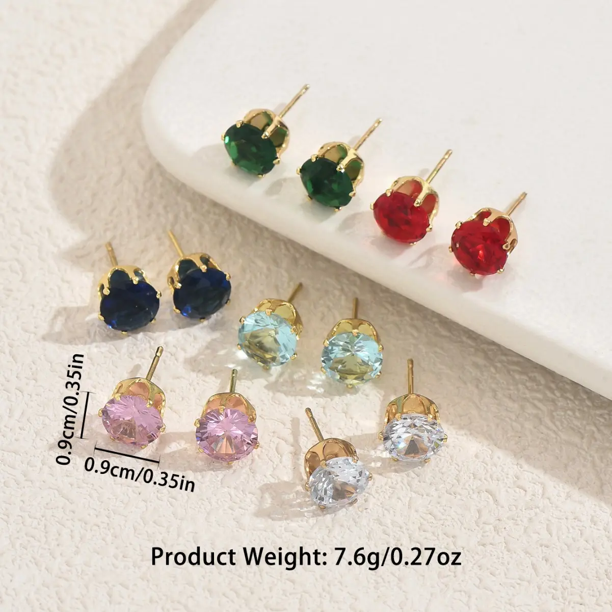 [6 Pair Earrings] 9mm Earring Set With Geometric Setting And Colored Zirconia Earrings Versatile Ear Accessories