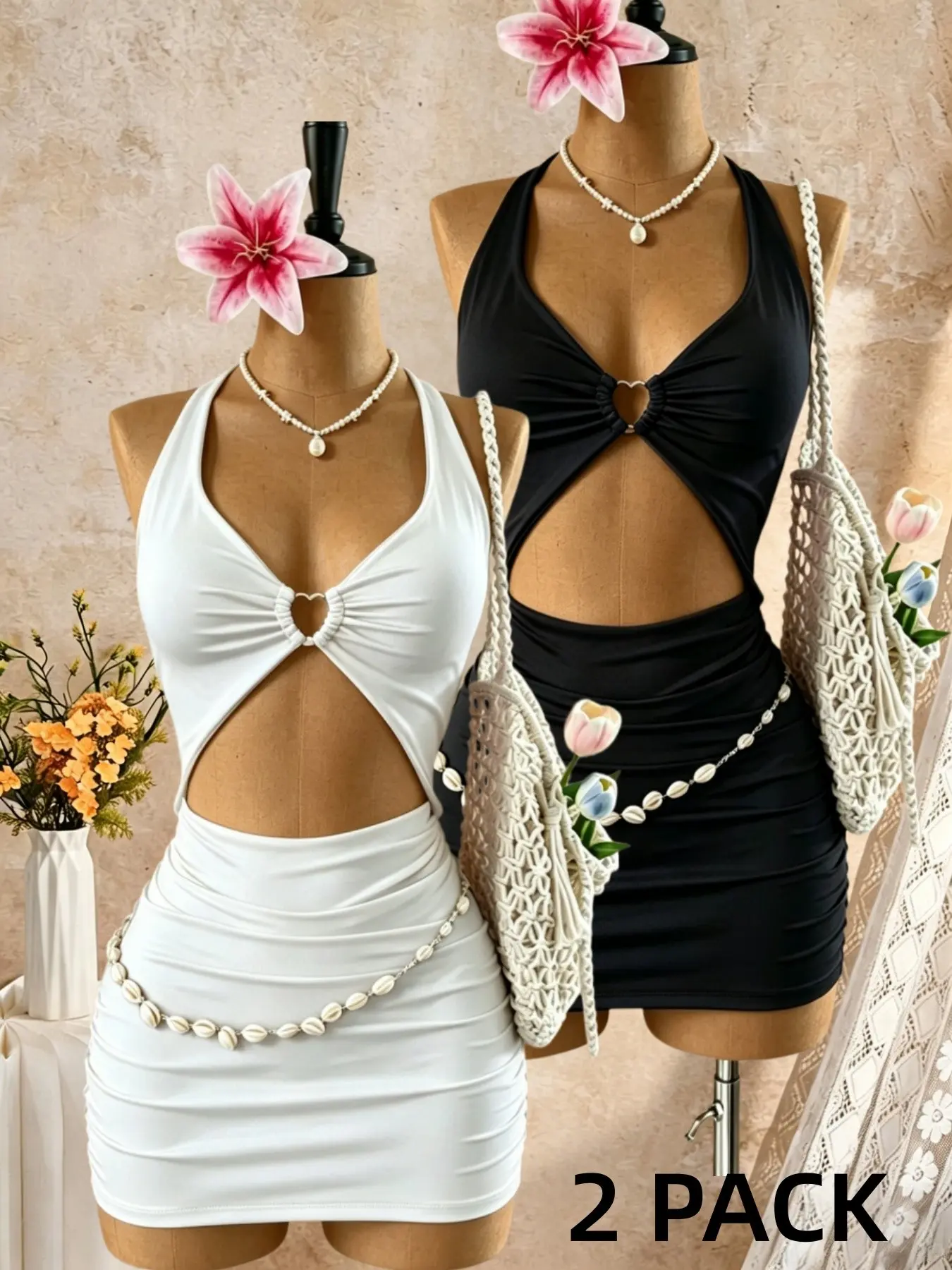 Women's Slim-Fit Two-Piece Dress Set, Halter Heart Neckline Design, Sexy Party and Nightclub Wear, Casual Style, Elegance, Solid Pattern, Basic, Fitted Set Outfit