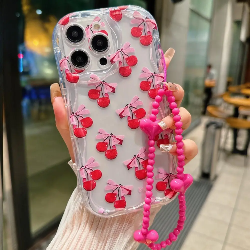 Cherry & Bowknot Pattern Phone Cases with Beaded Lanyard, Cell Phone Case for Apple Smartphone, TPU Shockproof Phone Protective Cover, Phone Accessory