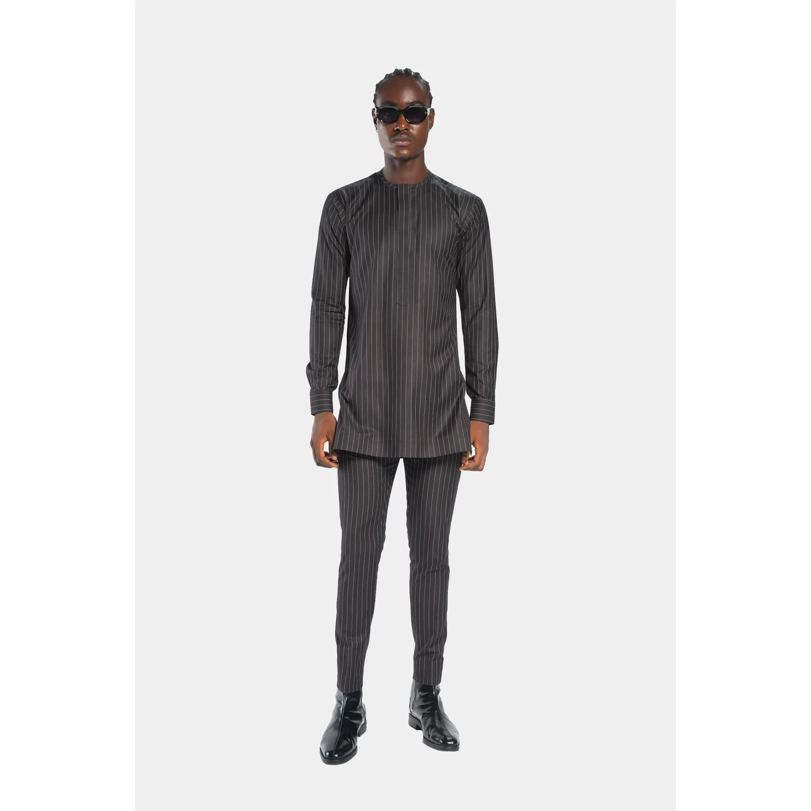 Standard Length Long Sleeve Wool Matching Set in Black Pinstripe