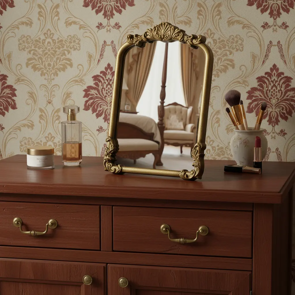 12" Gold Scalloped Frame Solid Wood Framed Glass Vanity Makeup Mirror, Bathroom Tabletop Floral Decor Accessory, Countertop