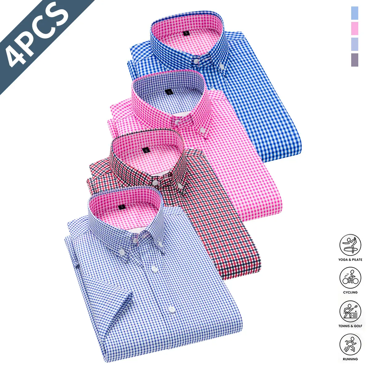 Men's 4-Pack Basic Solid Ice Silk Shirts, Fitted Cut Button-Up Style, Lightweight & Breathable for Business Office, Sizes M, L