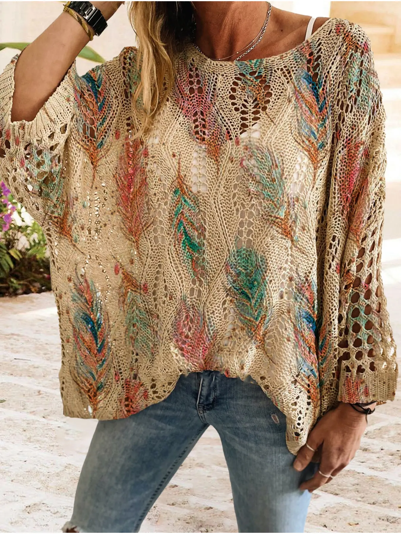 Women's Feather Print Long Sleeve Knit Top, Casual Elegant Vacation Style Sweater, Loose Batwing Shoulders, Spring Summer Fall Winter Fashion