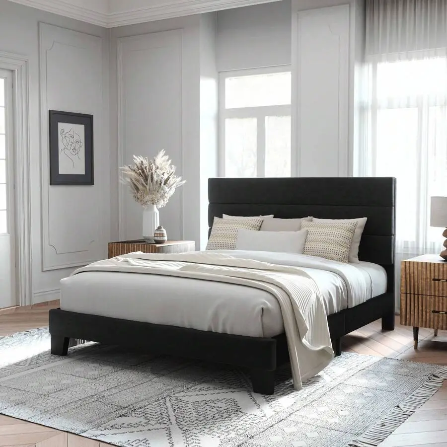 Twin/Full/Queen/King Size Platform Bed Frame With Velvet Upholstered Headboard And Wooden Slats Support, Fully Upholstered Mattress Foundation, No Box Spring Needed, Easy Assembly, Black* Bed Frame Queen Queen Bed Frame Bed Frame Full