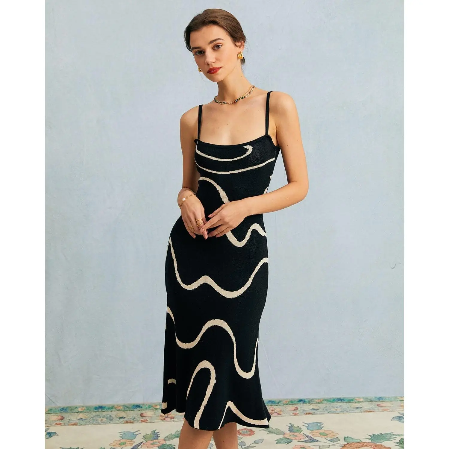 Rihoas Women's Slim Black Sleeveless Cotton Modal Knit Bodycon Midi Dress Spaghetti Straps, Wave Mermaid Hem, Classy,Fitted,Mermaidcore,Dark Long Casual Dresses for Formal Occasions, Classy Casual Dresses