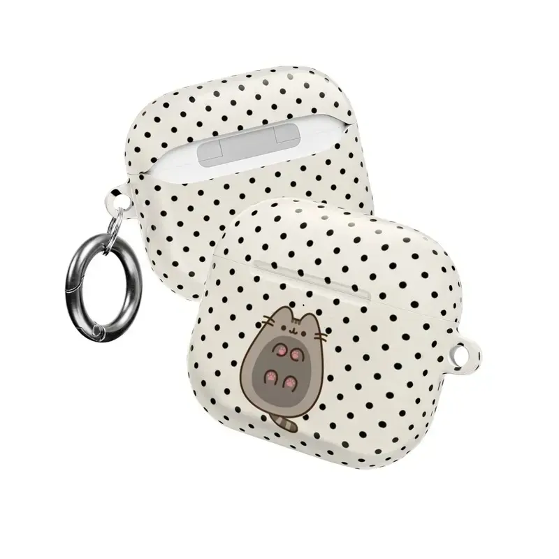 Cute Kawaii Chubby Cat Case Compatible with AirPods /AirPods Pro  Glossy Hard Shell Polka Dot Kitty Cover with Keychain Girl Gift