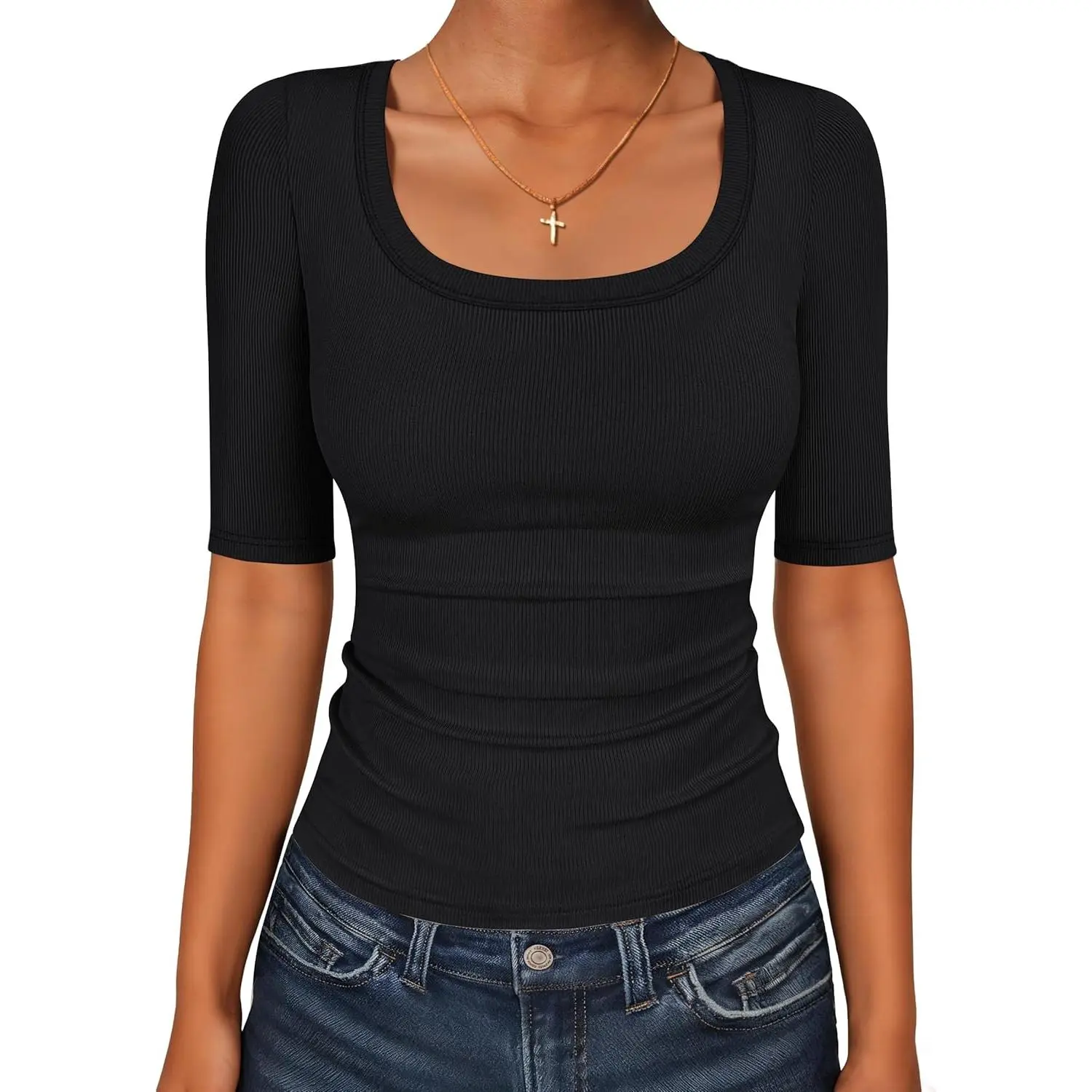 ANRABESS Womens Half Sleeve Tops Scoop Neck Ribbed Knit Slim Fitted Basic Tee Shirts Summer 2026 Spring Casual Outfit