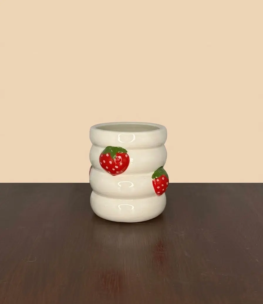 Ceramic Round Red Strawberry Fruit Theme Garden Planter - 2.5" Diameter, ~3.5" Height Small Gardening Plant Hold for Succulents, Small Cacti