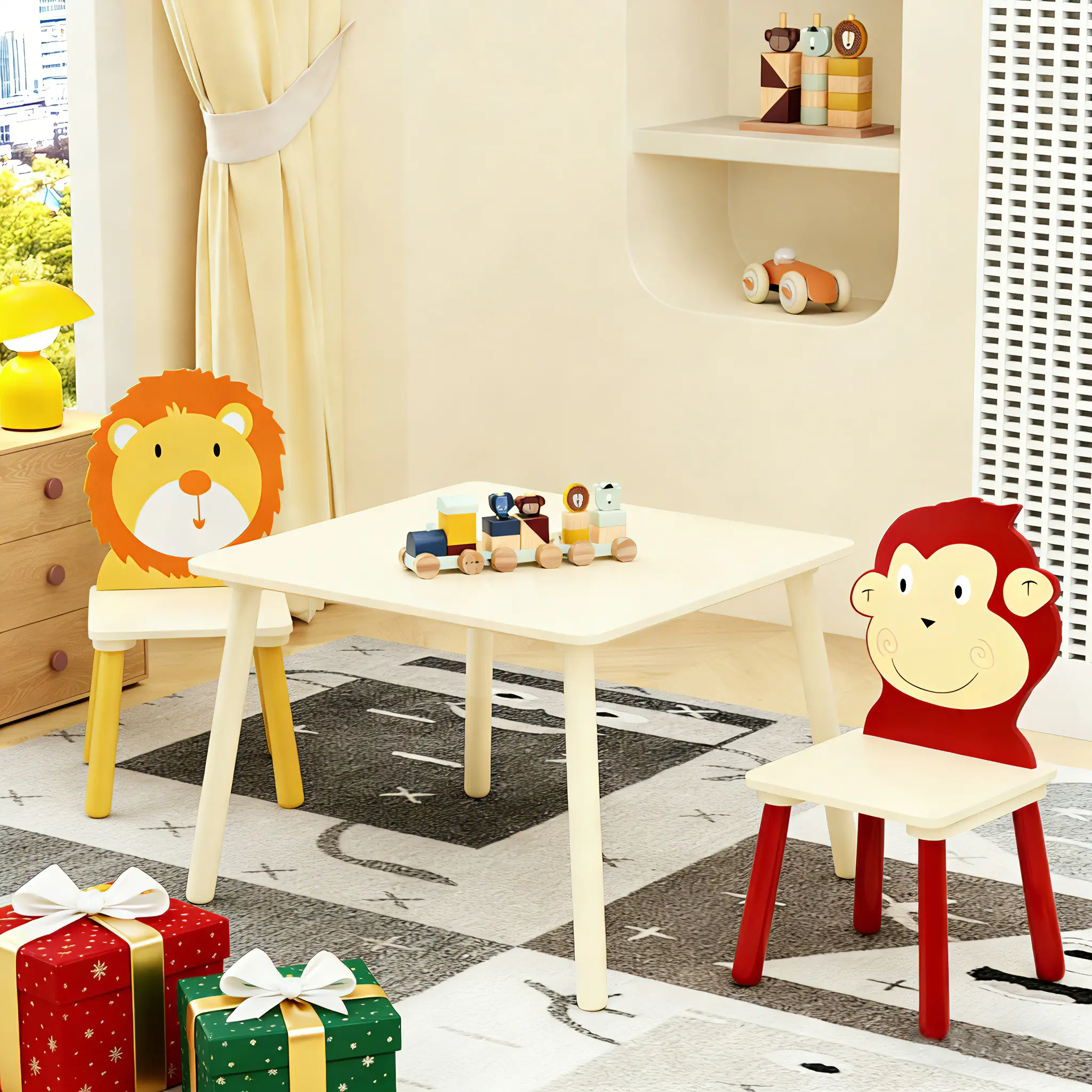 Kids' 3-Piece Wooden Indoor Furniture Set - Toddler Activity Play Table with 2 Chairs, Animal Lion & Monkey Design for Playing, Animals