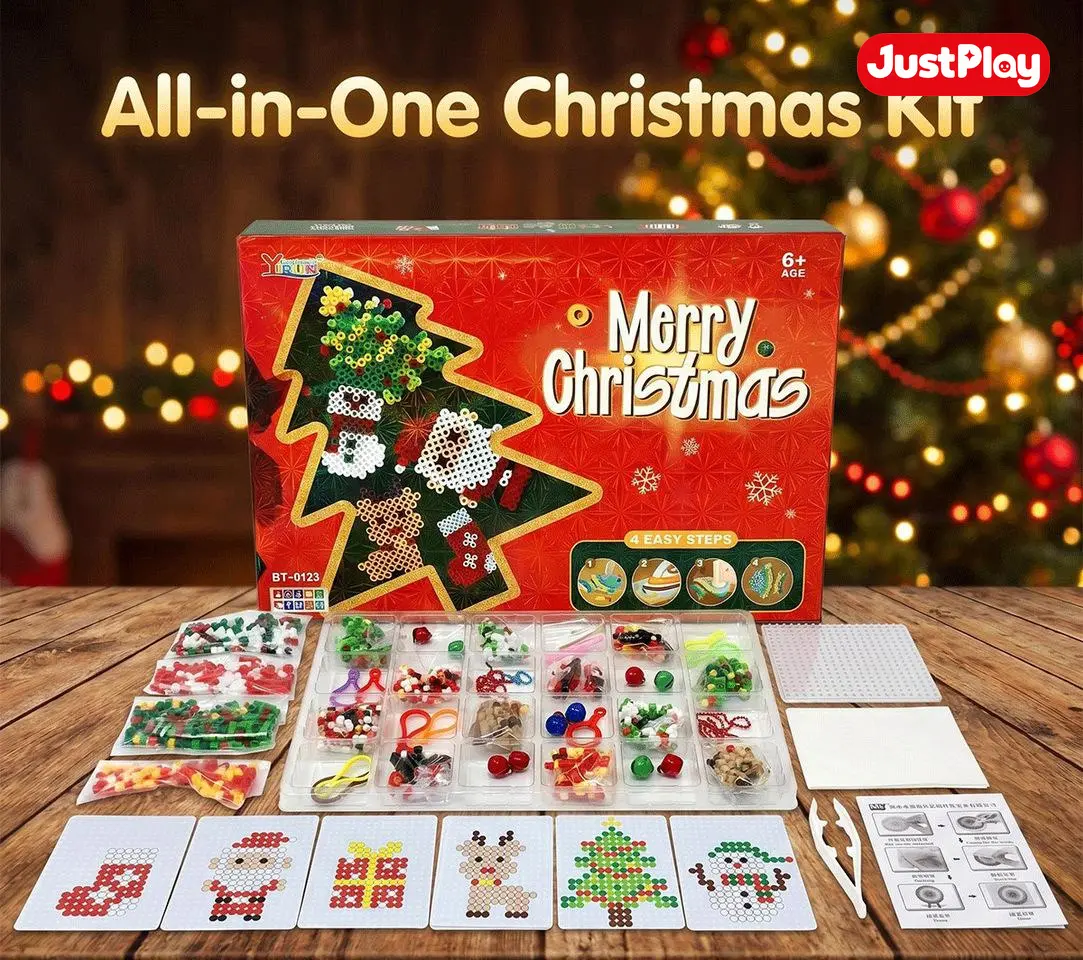 【JustPlay Design】2026 Christmas New Fuse Bead DIY Kit, Holiday Ironing Beads Craft Set for Kids, 6 Classic Christmas Pattern Pegboard Art, DIY Christmas Tree Ornament Making Kit, Beginner Seasonal Party Gift for Family Activity