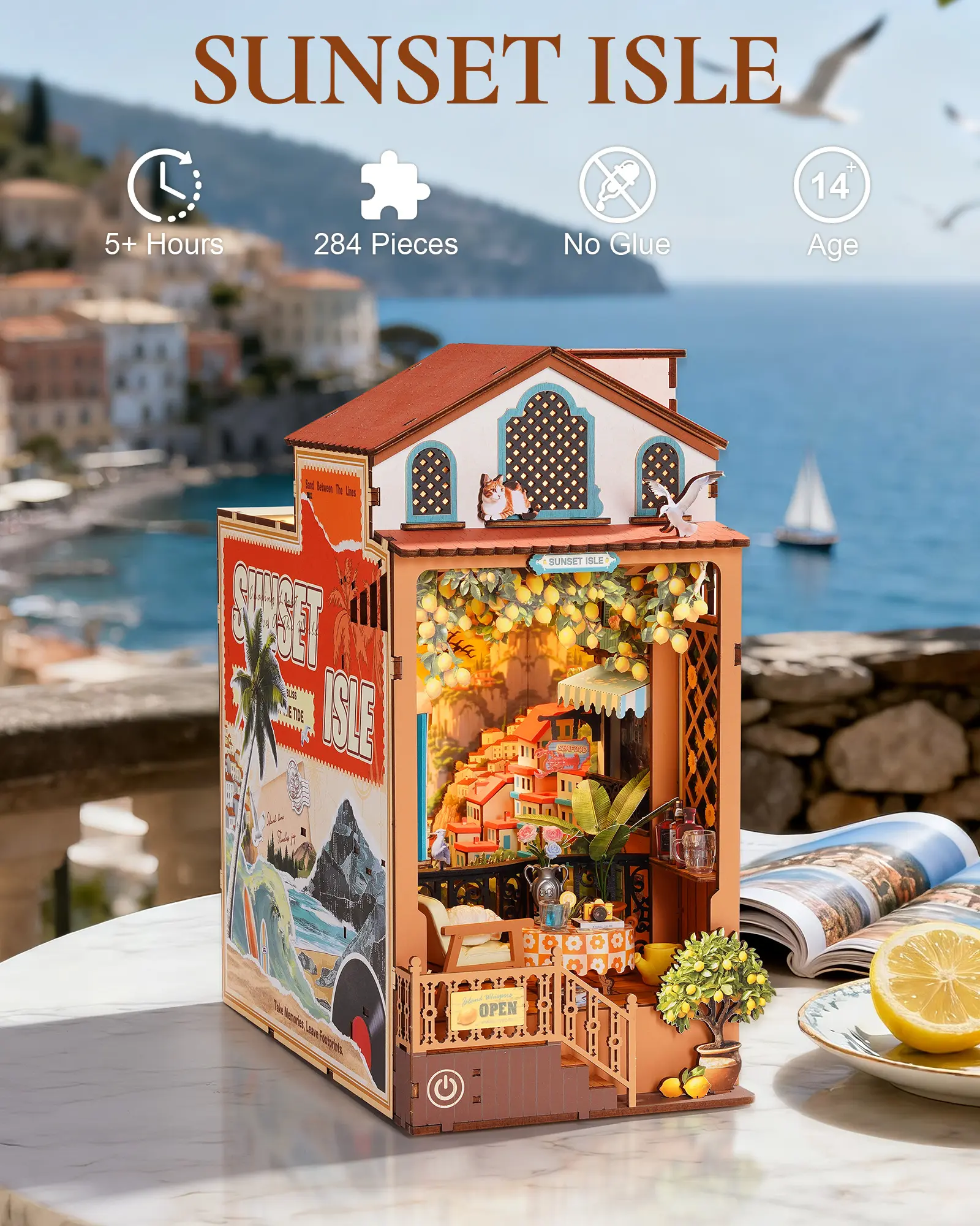 Rolife Sunset Isle 3D Puzzle Book Nook Diorama Kit, DIY Coastal Sunset Miniature House Kit with Lemon Tree & Seaside View, Bookshelf Decor, Creative Gift for Adults, 3D Puzzle Book Nook Diorama Kits