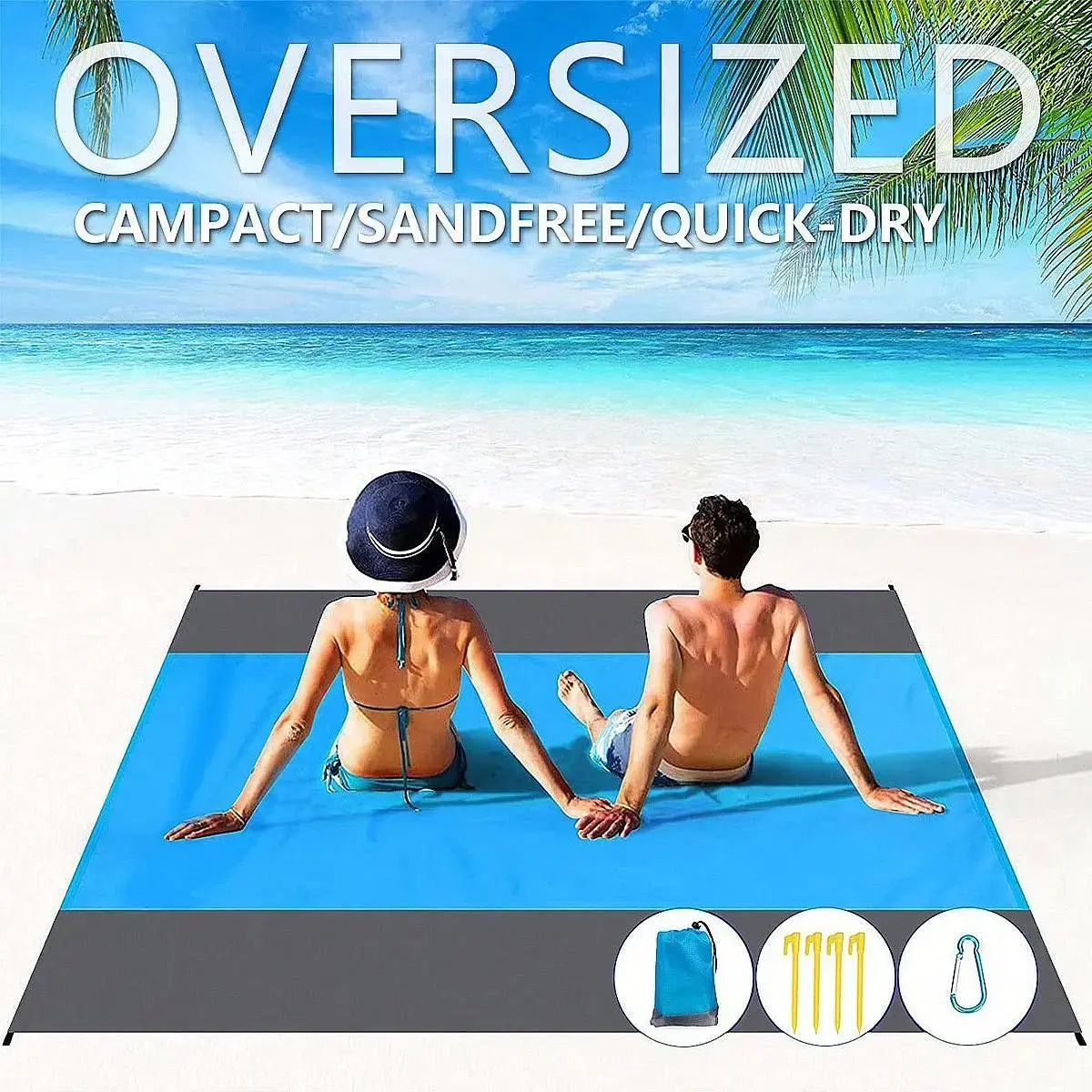 Beach Blanket Sandproof Waterproof, Extra Large Beach Mat, Oversized & Compact Sand Free, Quick Drying Beach Essentials for Vacation, Cruise, Picnic & Camping with Stakes-